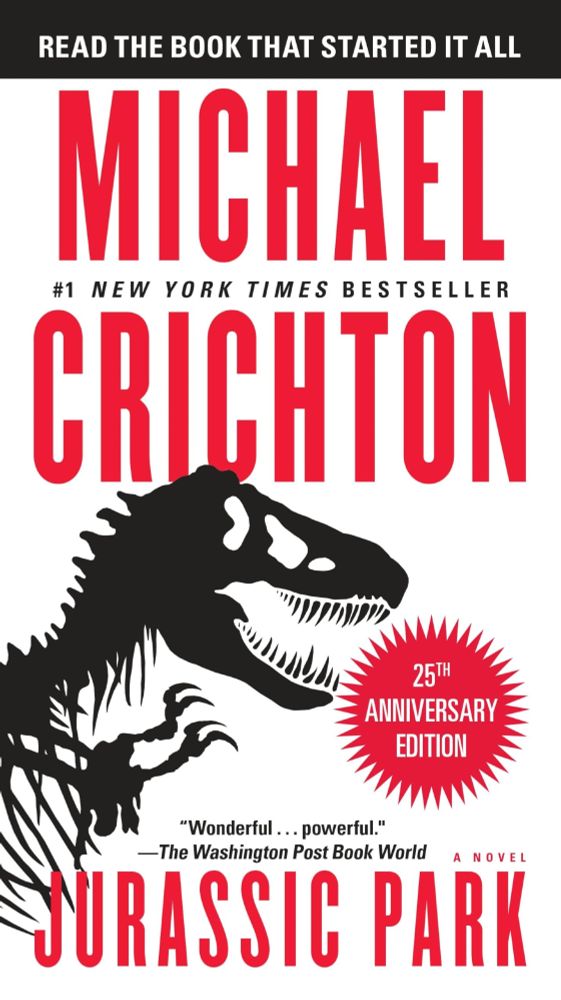 Cover of Michael Crichton's novel Jurassic Park. A white background with a black t-rex skeleton in silhouette.