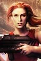 Digital art of a pretty woman in her mid-30s, red hair with green eyes, athletic, wearing tank top and holding a long gun.