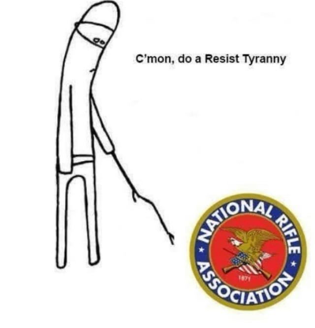 Image: Cartoon figure poking the NRA’s logo with a stick

Caption: C’mon, do a resist tyranny