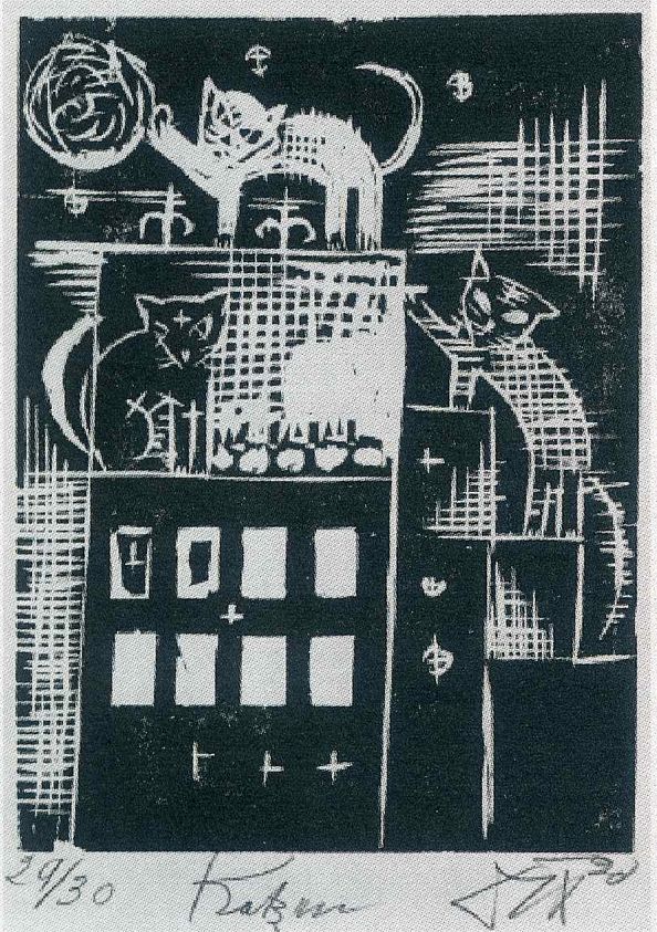 A black and white linocut print numbered 29/30 titled 'Katzen' (Cats). The image shows several stylized cats in white against a black background, positioned around and on top of what appears to be a building structure. There are small cross and star-like marks scattered throughout, and geometric grid patterns in the background. The cats are depicted in a playful, abstract style, with curved lines suggesting their tails and movements.