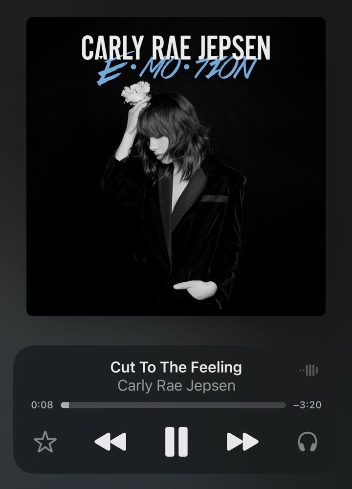 A screenshot of my phone playing the newly released anniversary edition of Emotion. Cut the Feeling just started.