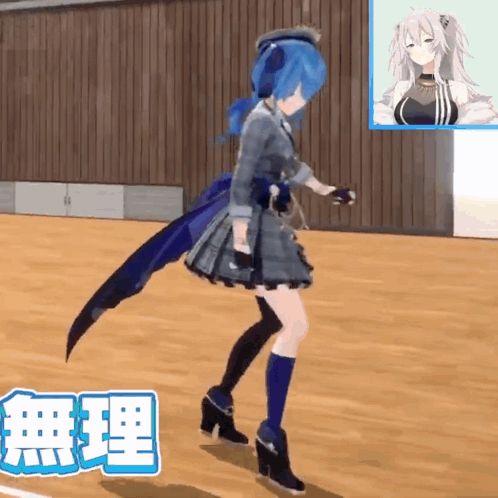 a 3d anime girl is dancing on a wooden floor in front of a wooden wall .