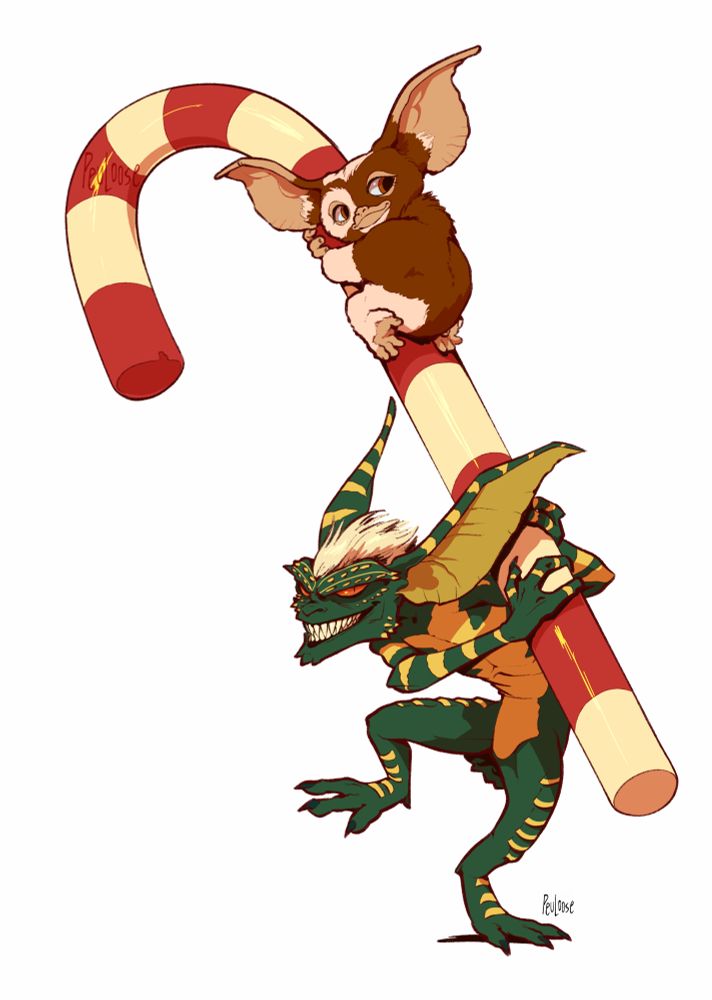 Illustration digitale, concept de carte de Noël. Deux personnages de la franchise Gremlins s'accrochent à un sucre d'orge géant. Celui du bas, vert et ayant un sourire narquois porte le sucre d'orge sur son épaule. Le deuxième, plus petit, brun et blanc, est accroché comme un koala à son sommet.