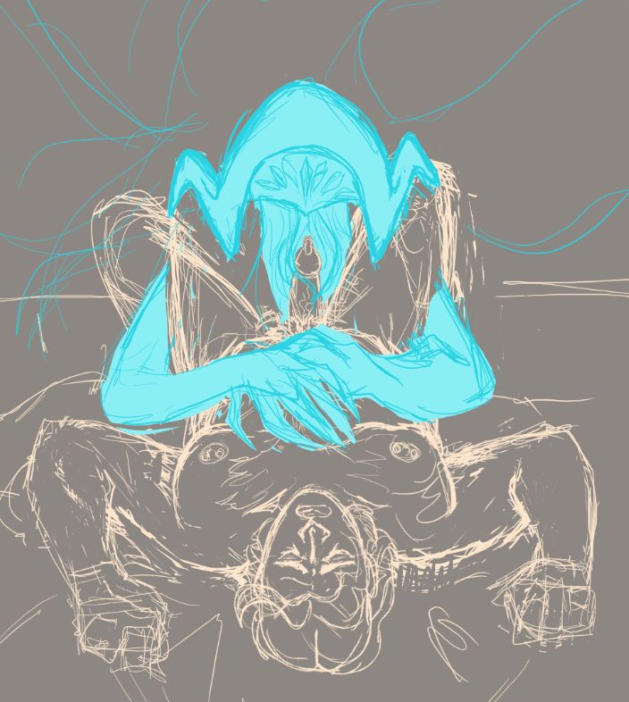 A rough sketch of Alfred, Hunter of Vilebloods from Bloodborne receiving a titjob from Cecil in their ascended nonhuman form.  Alfred is the same as the previous image, but Cecil has turned into a being with a mess of tendrils or feelers for a face and a crest that is vaguely in the shape of the Choir's blindfold cap.