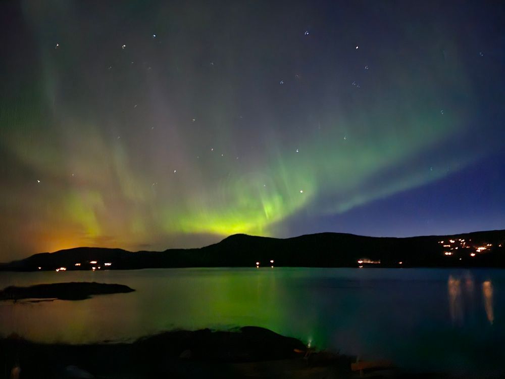 Pictured: green and yellow aurora borealis in the sky above a dark fjord. The colours are reflected in the water.