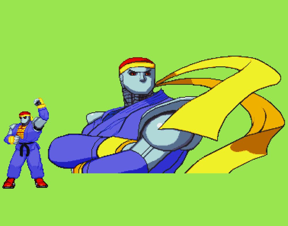 Edit of Ryu's sprite from Street Fighter Alpha 3 for the Arcades, developed and published by Capcom. It uses the color palette of Metal Sonic from Sonic Mania. Instead of giving him a plateface like Metal's, I decided to just make him mothless. Aside from that, I added some metal shoulder pads and edited out the tearing of his clothes  and painted his arms to look like they are part of his metal body