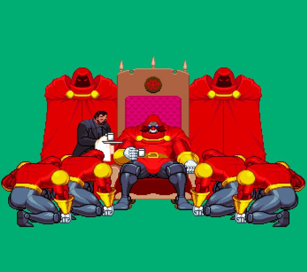 An edited sprite of Doctor Doom from Marvel vs. Capcom 2, surrounded by Doom robots, four in the front without their capes and two in the back fully clothed. The color scheme was changed to that of Doctor Eggman from Sonic Mania, and the butler was edited to resemble Agent Stone serving him his favorite latte with steamed Austrian goat milk, and of course; the stache.