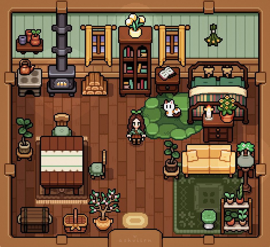 A screenshot of a forest themed home interior in Fields of Mistria