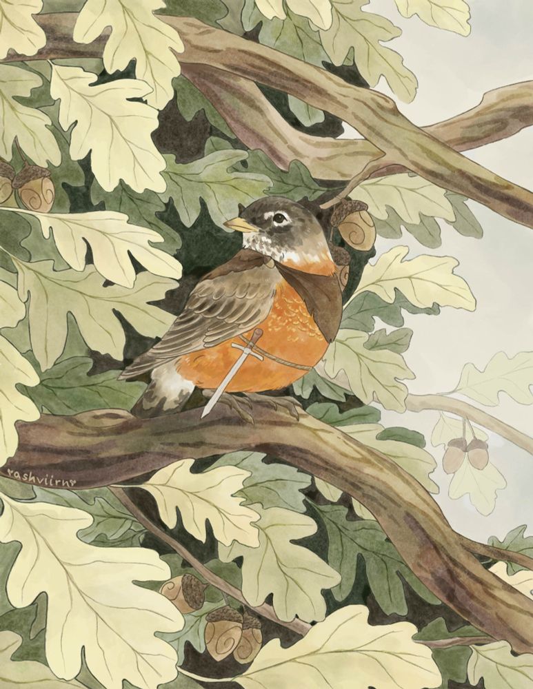 Painting of a robin perched on the branch of an oak tree. The robin has a brown cloak and a tiny sword on a rope belt