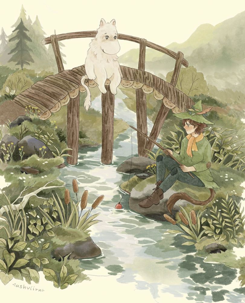 Painting of Moomin sitting on the bridge and Snufkin fishing at the side of the stream