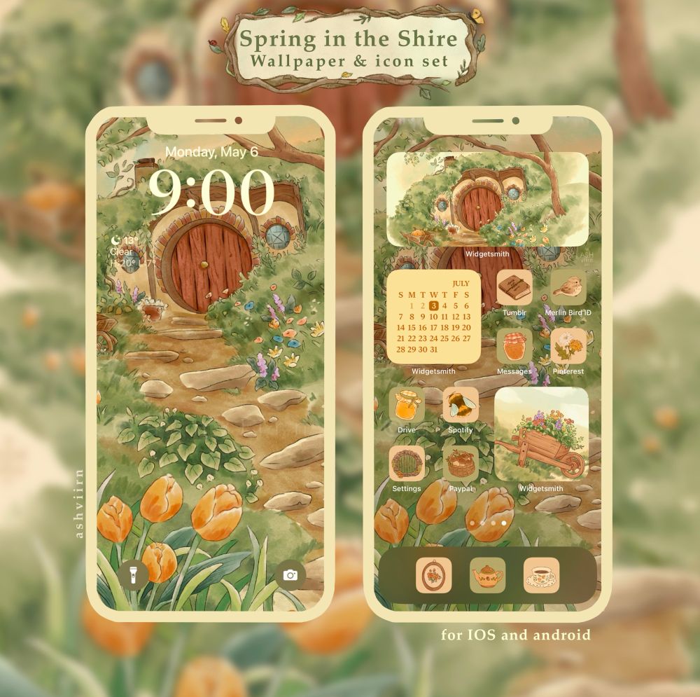 Displays the Spring in the Shire phone theme. Hobbit themed app icons and a hobbit hole wallpaper