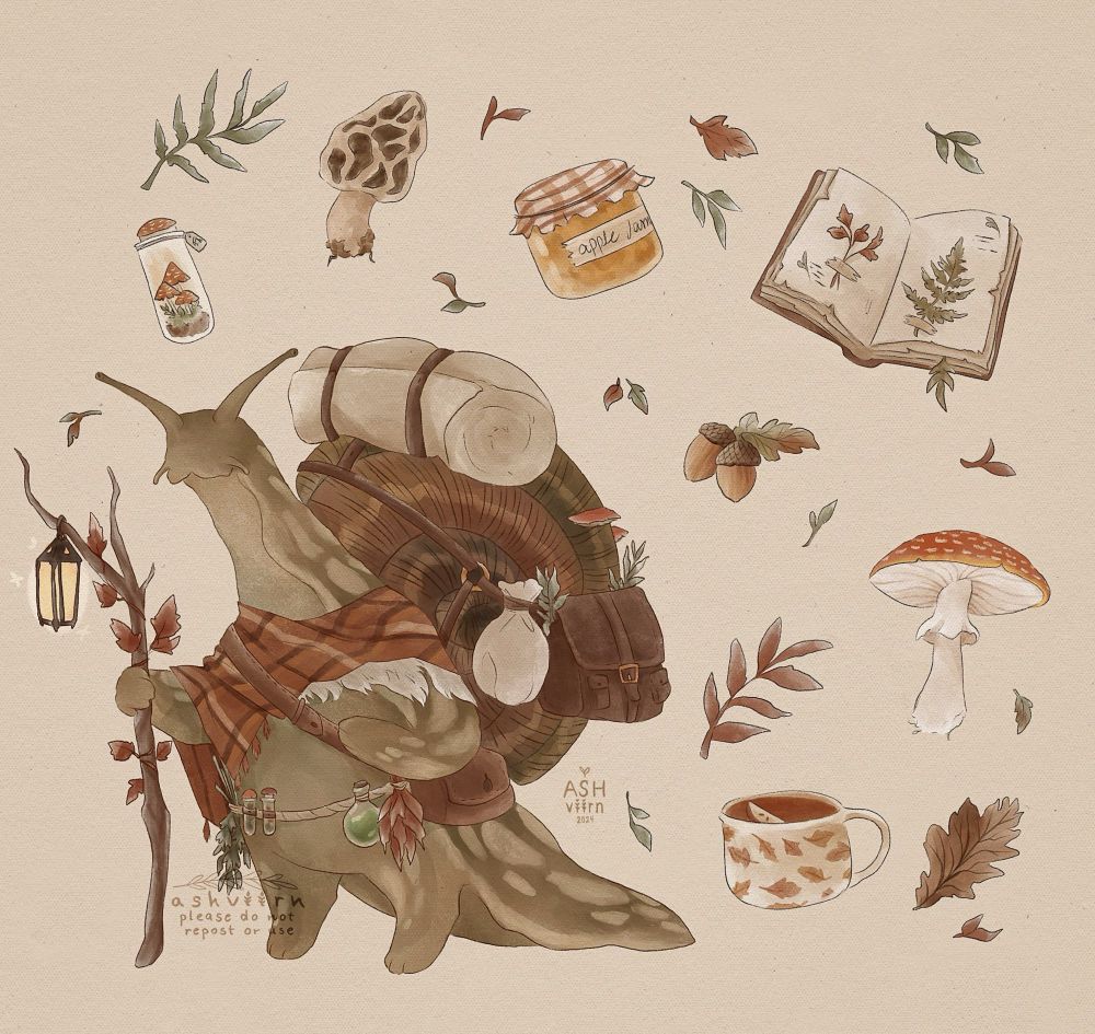 A travelling merchant snail holding a walking stick with a lantern, surrounded by the items they sell