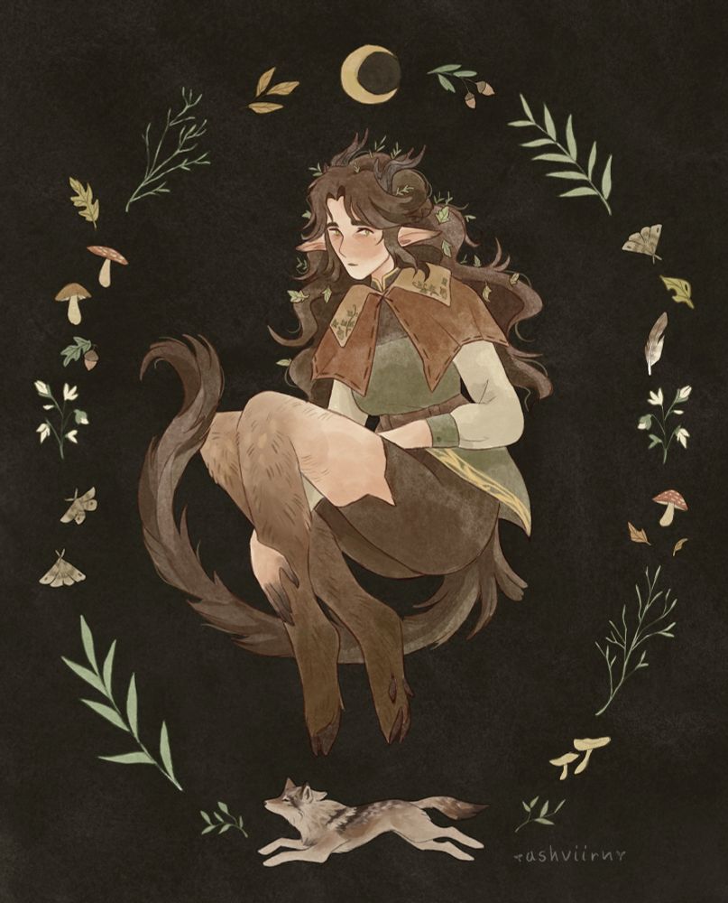 Painting of my character Fallow surrounded by forest trinkets 