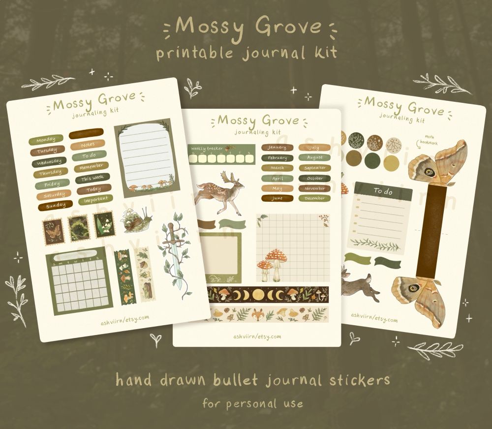 Displays the Mossy Grove journaling kit. A set of three sheets of mossy forest themed printable bullet journal stickers 