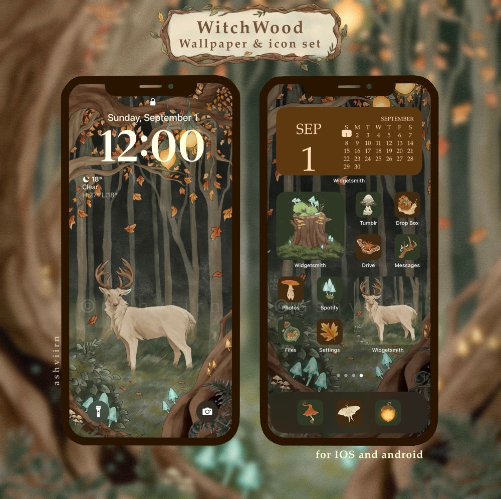 Displays the Witchwood phone theme. The wallpaper is of a white deer standing in a magical forest with autumn leaves falling above. The set includes 25 woodland witch themed icons with dark brown and green background colours 