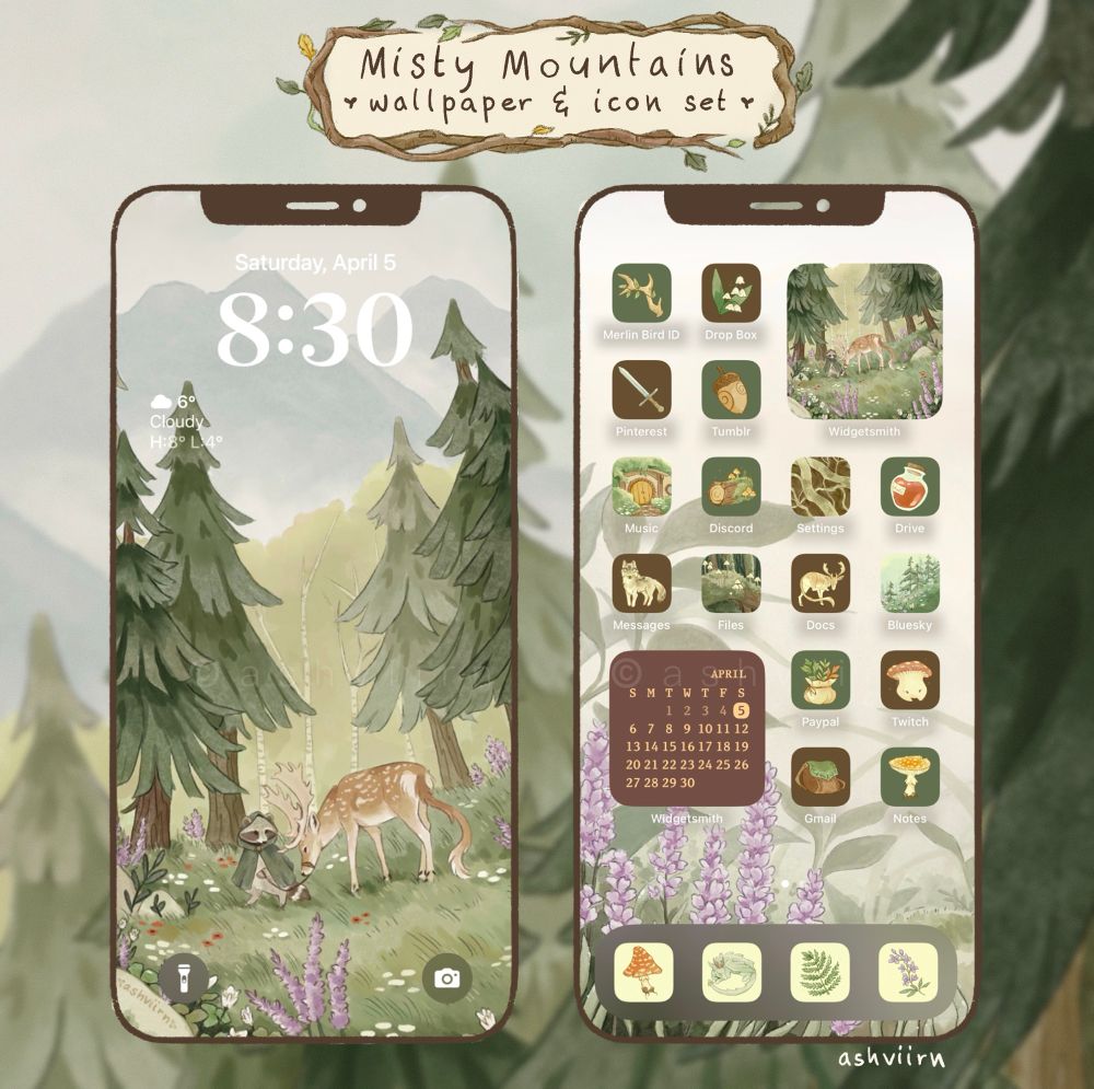 Displays the Misty Mountains phone theme. The wallpaper is of a small raccoon adventurer and their fallow friend in a mountain forest surrounded by flowers. The set includes 35 fantasy themed icons with cream, brown, and green background colours 