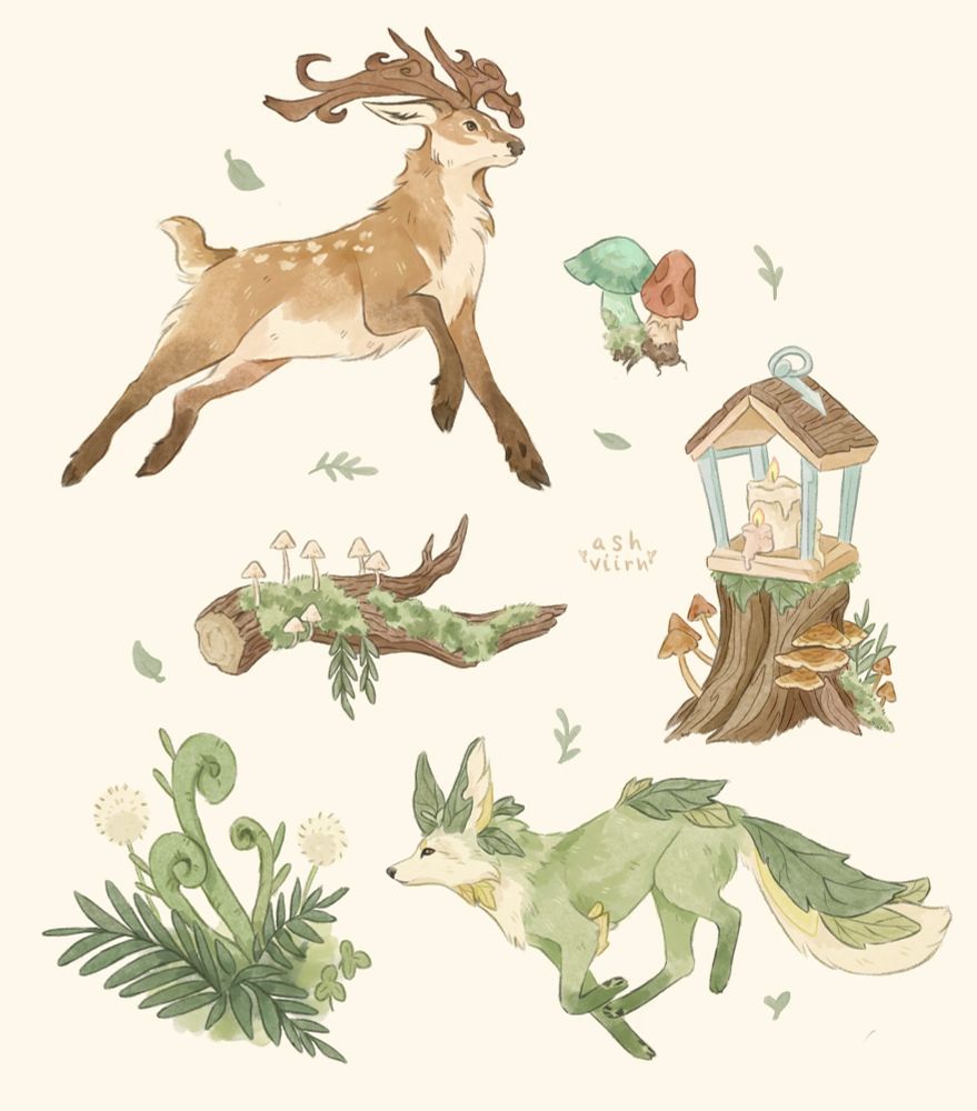 A page of critters and items from Palia. A surnuk, mushrooms, lantern, mossy branch, ferns, and leafy flutterfox 