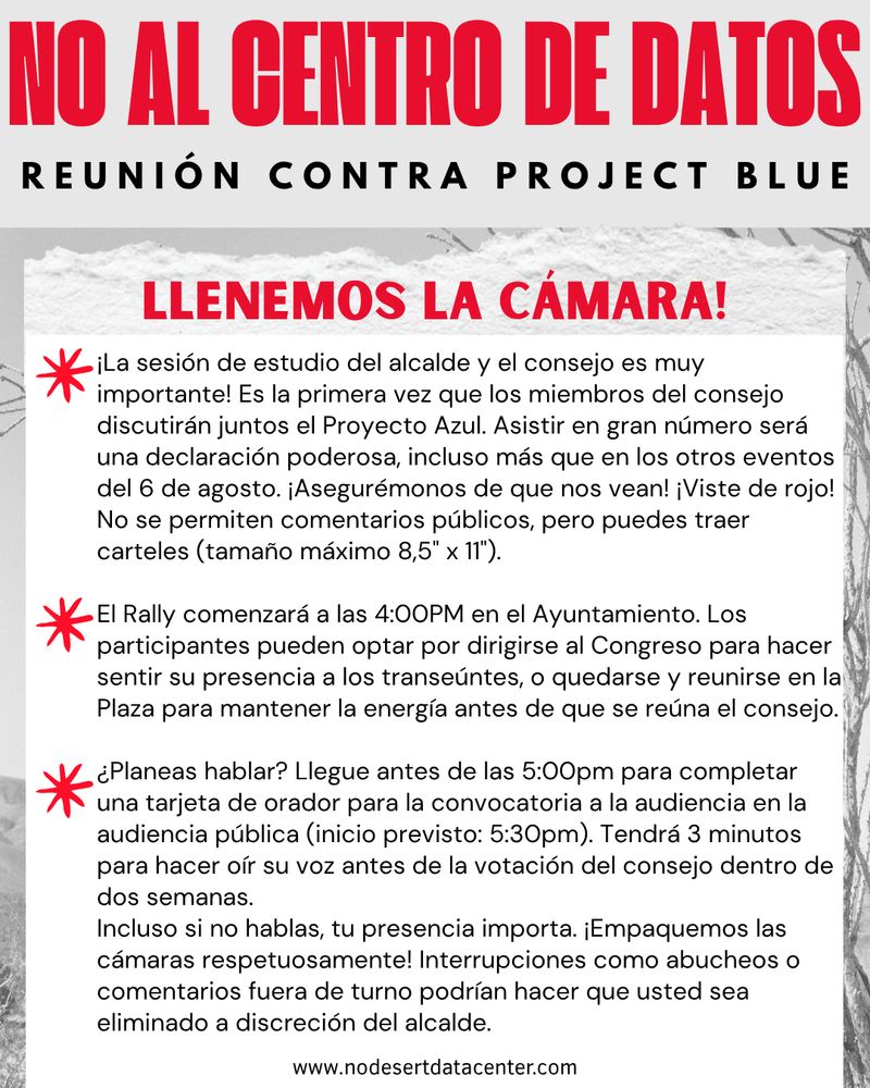 ¡La sesión de estudio del alcalde y consejo es muy importante! Es la primera vez que los miembros del consejo discutirán juntos el Proyecto Azul...
El Rally comenzara las 4pm en el Ayuntamiento...
Planeas hablar? Llegue antes de las 5pm para completar una tarjeta de orador para la convocatoria a la audiencia en la audiencia publica...