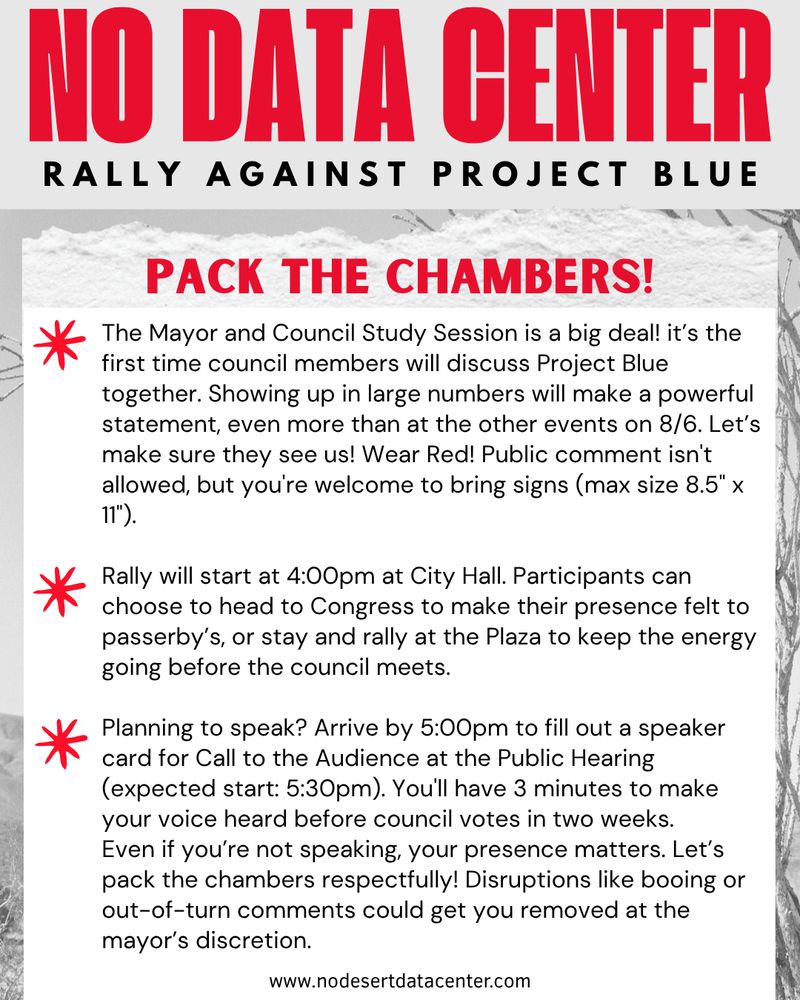 NO DATA CENTER: Rally against Project Blue
Pack the chambers!
* The Mayor and Council Study Session is a big deal! It's the first time council members will discuss Project Blue together...
* Rally will start at 4pm at City Hall...
* Planning to speak? Arrive by 5pm to fill out a speaker card for call to the audience at the public hearing