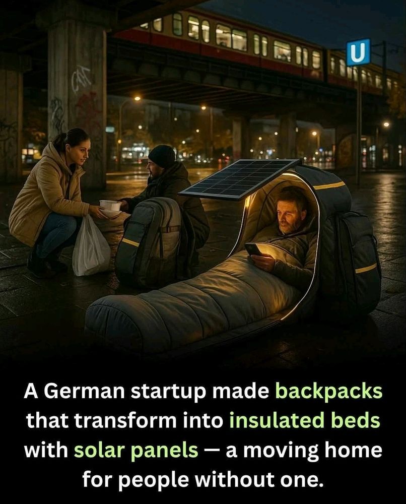 "A German startup made backpacks that transform into insulated beds with solar panels—a moving home for people without one."