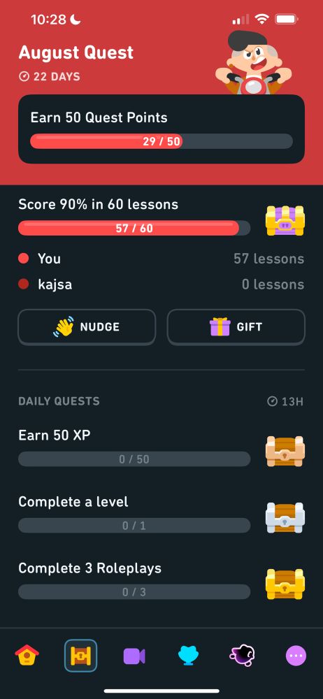 Daily quests in Duolingo. First quest, earn 50 xp. Second quest, complete a level. Third quest, complete 3 roleplays.