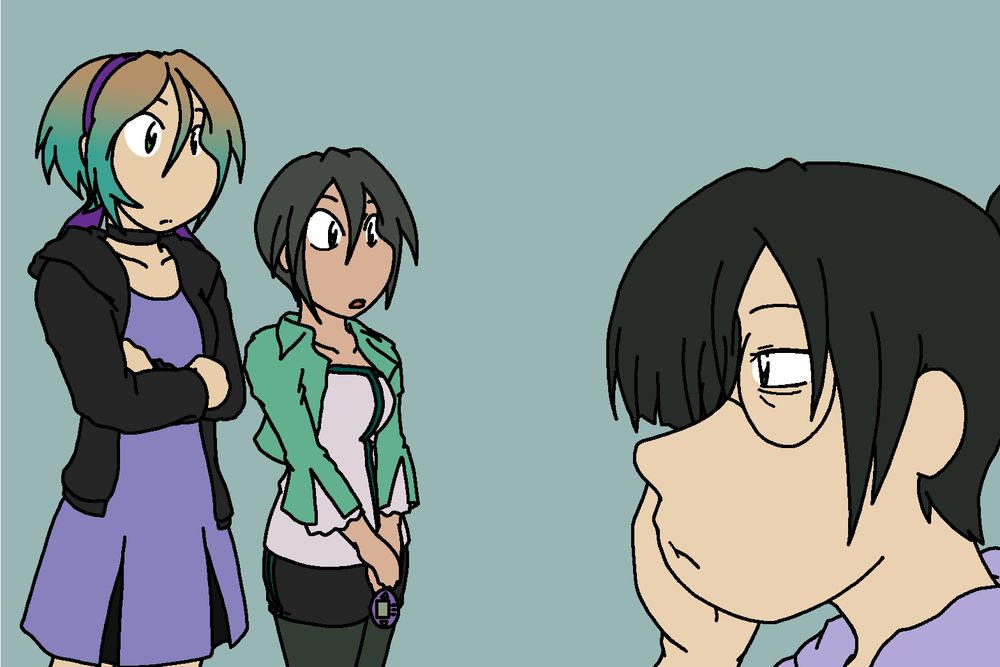 Rain and Chiaki standing side by side, looking at me.