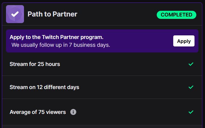 Twitch's Path to Partner program completed with the option to apply unlocked.