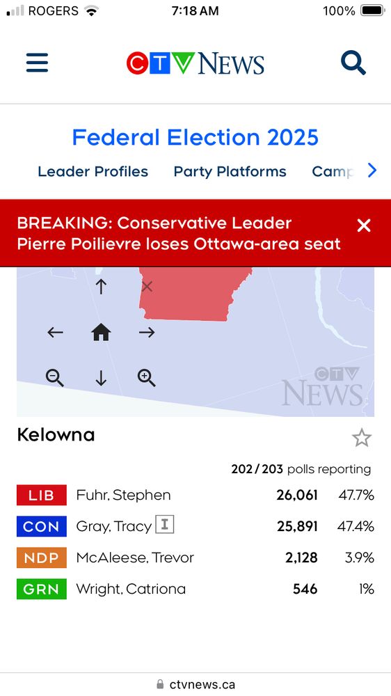 CTV map with Kelowna highlighted. The Liberal candidate is at 26,061 votes; the Conservative, at 25,891 votes.