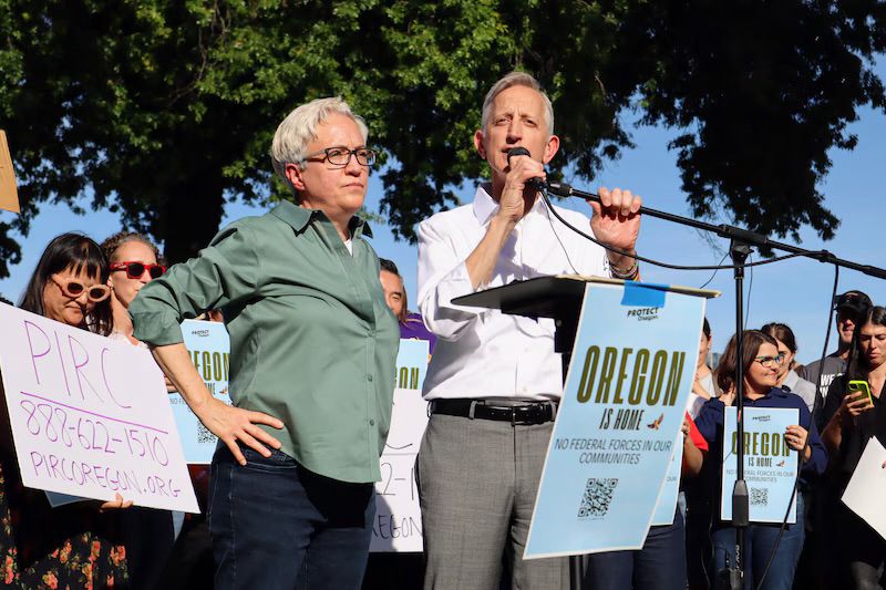 Oregon Governor Tina Kotek and Portland Mayor Keith Wilson 9/28/2025 kicking off protest against proposed deployment of federal officers to the city. 