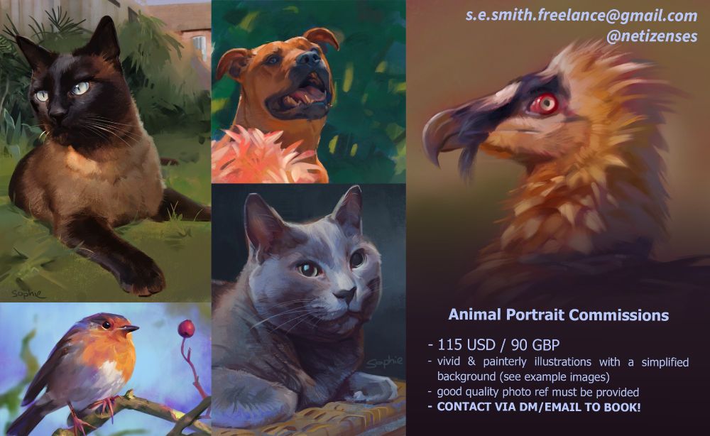 A commission sheet showing several examples of animal portraits