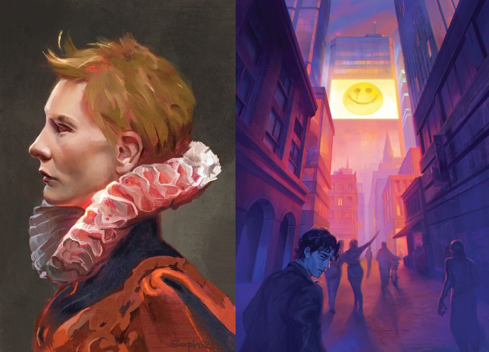 A painterly portrait of a costumed woman, left; a book cover illustration commissioned by GW Foksal, for Neal Shusterman's 'All Better Now'