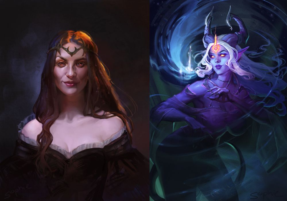 Two portraits - a painterly portrait of a sinister woman, left; a half body portrait of a lightforged draenei