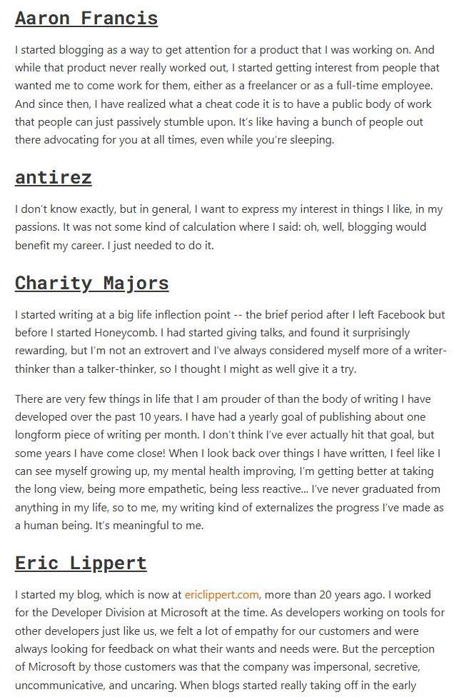 A screenshot featuring responses from Aaron Francis, antirez, Charity Majors, and Eric Lippert