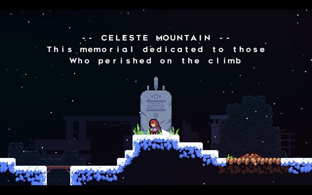 A picture from hit videogame Celeste. The end of level 1, there is a memorial on celeste mountain dedicated to those who perished on the climb