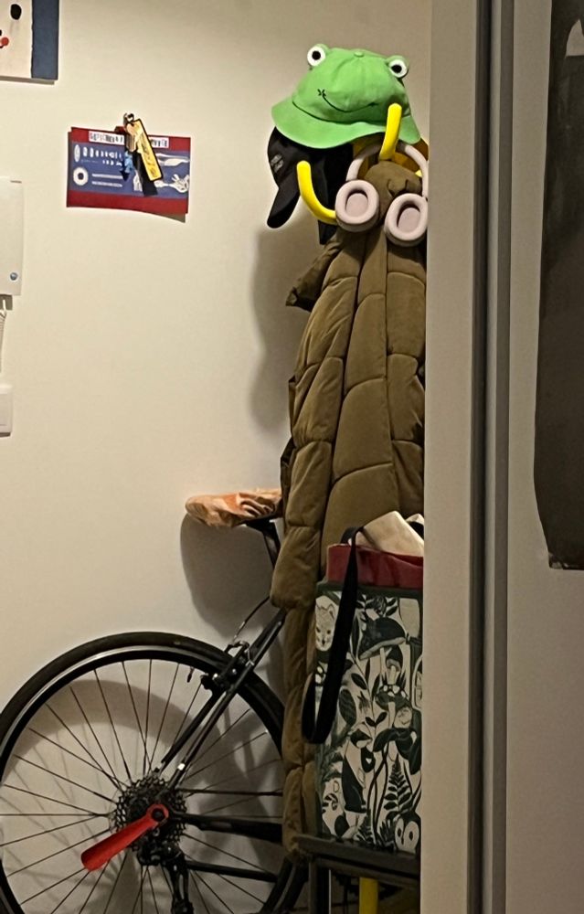 ein kleiderständer mit einem froschhut droben wo dich angglotzt