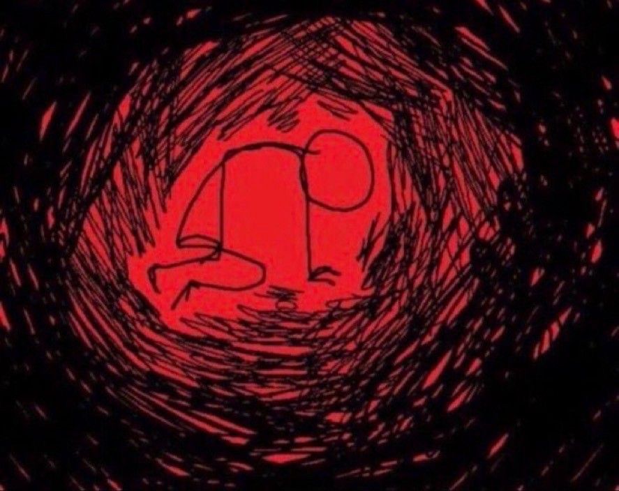 On a bright red background, a sketch of a stick figure in black, surrounded by black darkness that seems to be closing in on them.
