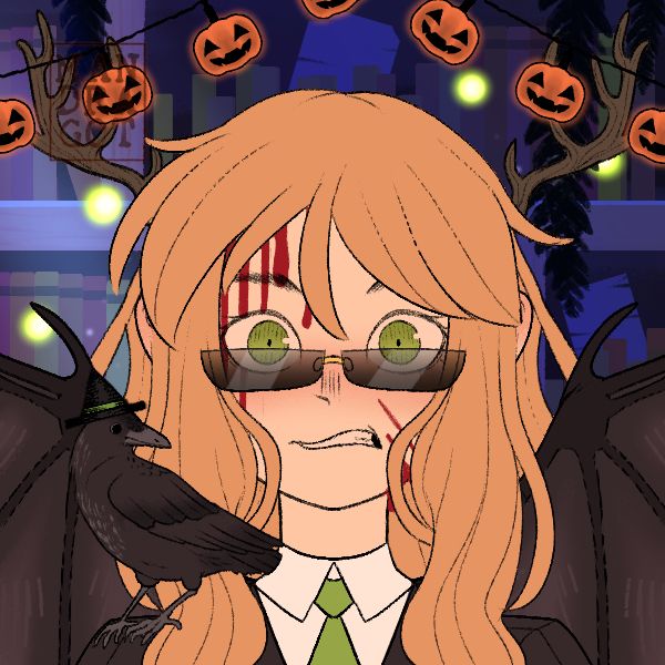 A picrew I made to look like me with green eyes and red hair. She has a startled and cringing look on her face and black sunglasses on. She has blood splatters on her face and a raven sat on her shoulder. She’s wearing a suit and the raven has a witch hat on, they match with green details. She also has antlers coming from her head and in the background there’s a book shelf in darkness and pumpkin string lights.