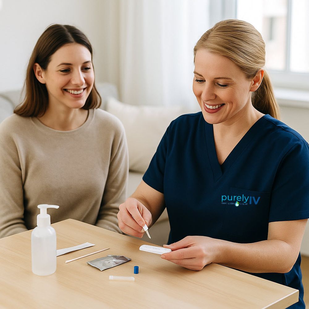 purelyIV nurse performing flu/covid test