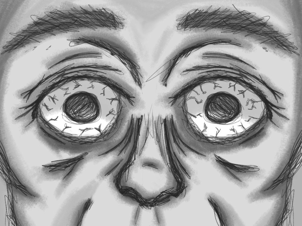 Monochromatic digital artwork (landscape) of an extreme close up on a man’s face. The image cuts off just above his mouth and right below the top of his head. He has vacant, bloodshot eyes and is making intense eye contact with the viewer.