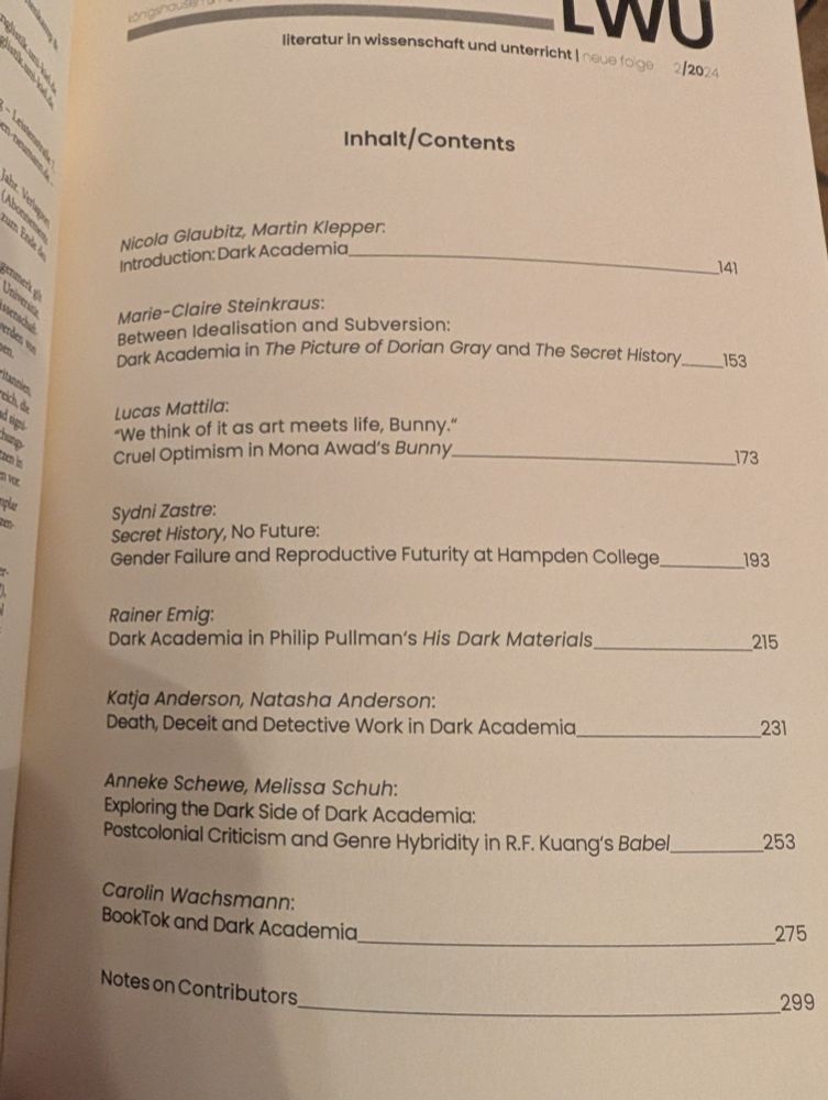 Table of Contents for the LWU special issue on Dark Academia 