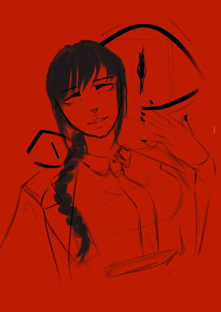 sketch of woman looking down at you with a slight smile, wearing a button up, tie, and jacket over her shoulders. she has black braided pony tail on the side of her shoulder and a fringe, the background is red with two eyes behind the woman looking at the viewer 