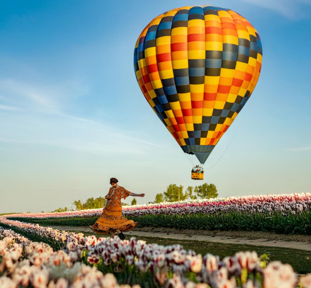 Guy twirling in a long orange dress in a tulip field isle while a hot air balloon flies by in the background 