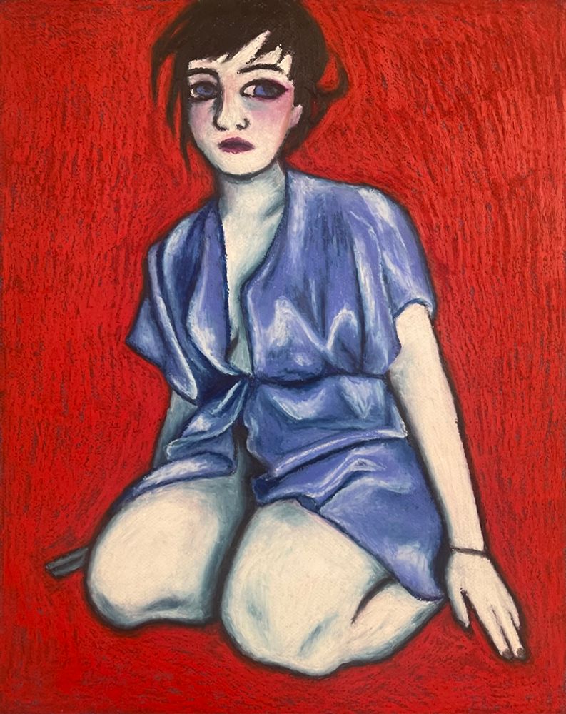 An oil pastel drawing. The background is fiery red. A woman with ghostly white skin is wearing a shiny blue robe. Her expression is ambiguous 