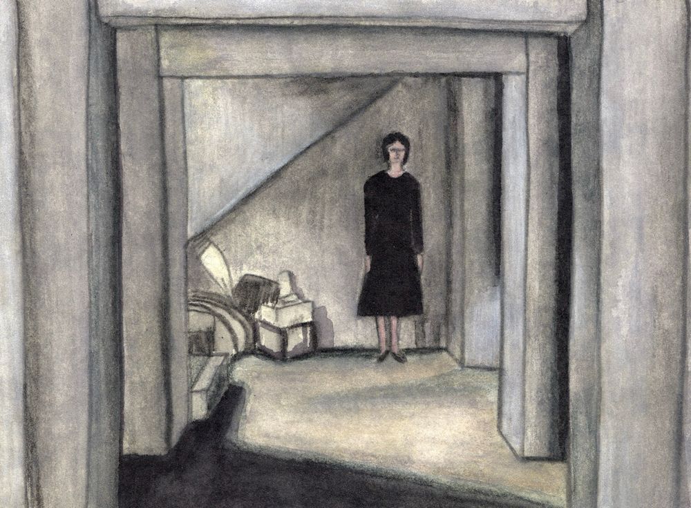 A mixed media painting of the movie Pulse. A woman stands at the end of a gray hallway. She wears a long black dress.