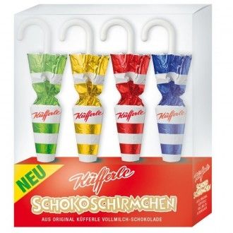 Küfferle Schoko-Regenschrme in 4 Farben einer Box.