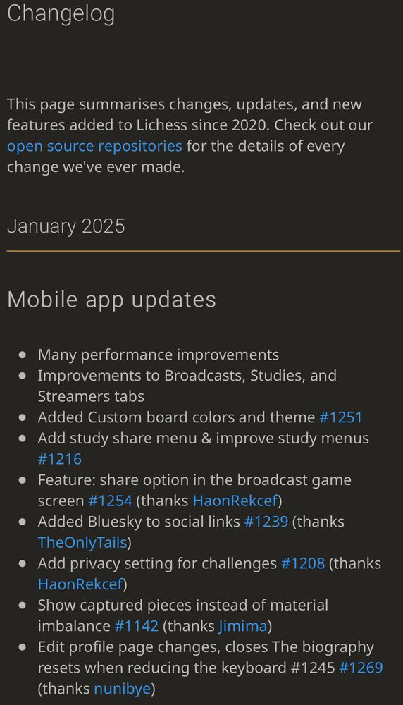 In December, Lichess had 41 people who contributed code across 17 of our repos! See what was worked on in the updated changelog https://lichess.org/changelog and discuss the changes in our feedback forum thread https://lichess.org/forum/lichess-feedback/lichess-updates-last-month