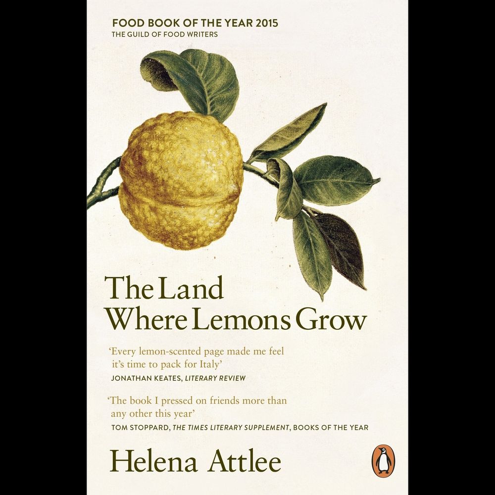 Front cover of the book "the land where lemons grow" by Helen Attlee. It depicts a bumpy lemon