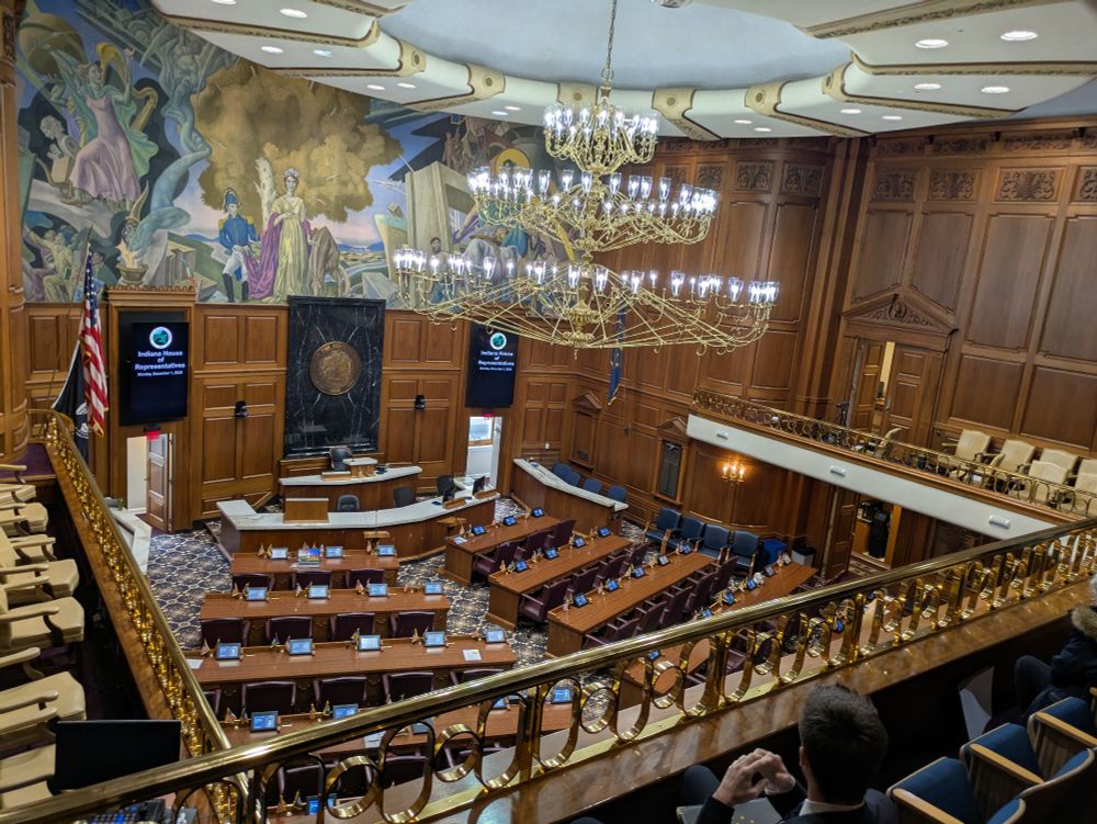 View from the balcony of the chamber for the Indiana House of Representatives. Redistricting maps released just a few hours ago. The sound from outside of hundreds of Hoosiers shouting.