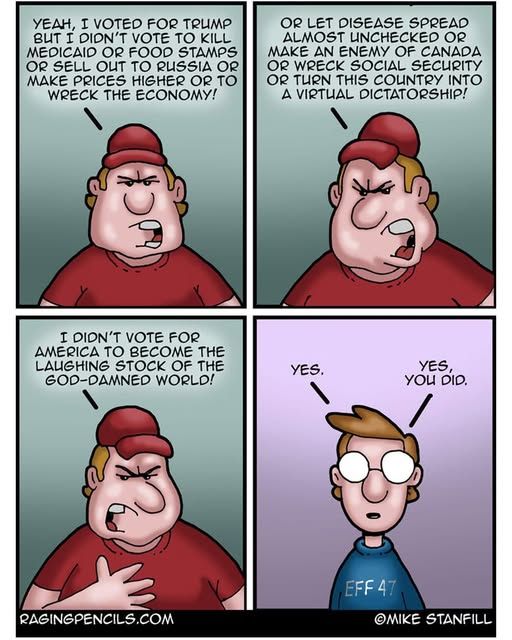 Dude in red hat: Yeah, I voted for Trump but I didn't vote to kill Medicaid or food stamps or sell out to Russia or make prives higher or wreck the economy or let disease spread almost unchecked or make an enemy of Canada or wreck Social Security or turn this country into a virtual disctatorship! I didn't vote for America to become the laughing stock of the God damned world!

Dude in blue: Yes. Yes, you did.