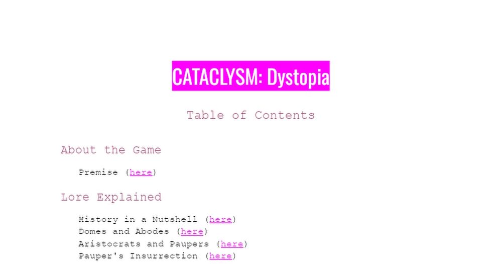 CATACLYSM Dystopia Table of Contents